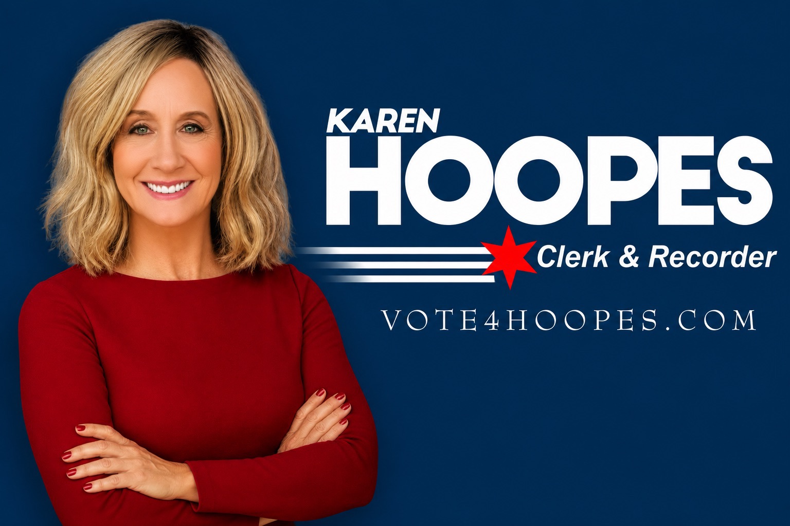 Photo of Karen Hoopes standing in front of the HOOPES logo.